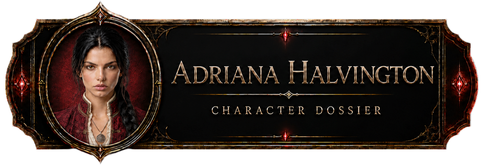 A rectangular decorative button with an ornate gold frame and dark background identifies this as the character dossier for Adriana Halvington. On the left side of the button, a circular inset frame displays a portrait of a woman with long, dark braided hair, dark eyes, and a serious expression, wearing a high-collared red patterned jacket and a circular silver pendant. To the right of the portrait, the name "ADRIANA HALVINGTON" is written in large, elegant gold serif capital letters, with the words "CHARACTER DOSSIER" printed in a smaller, simpler font centered directly beneath it.