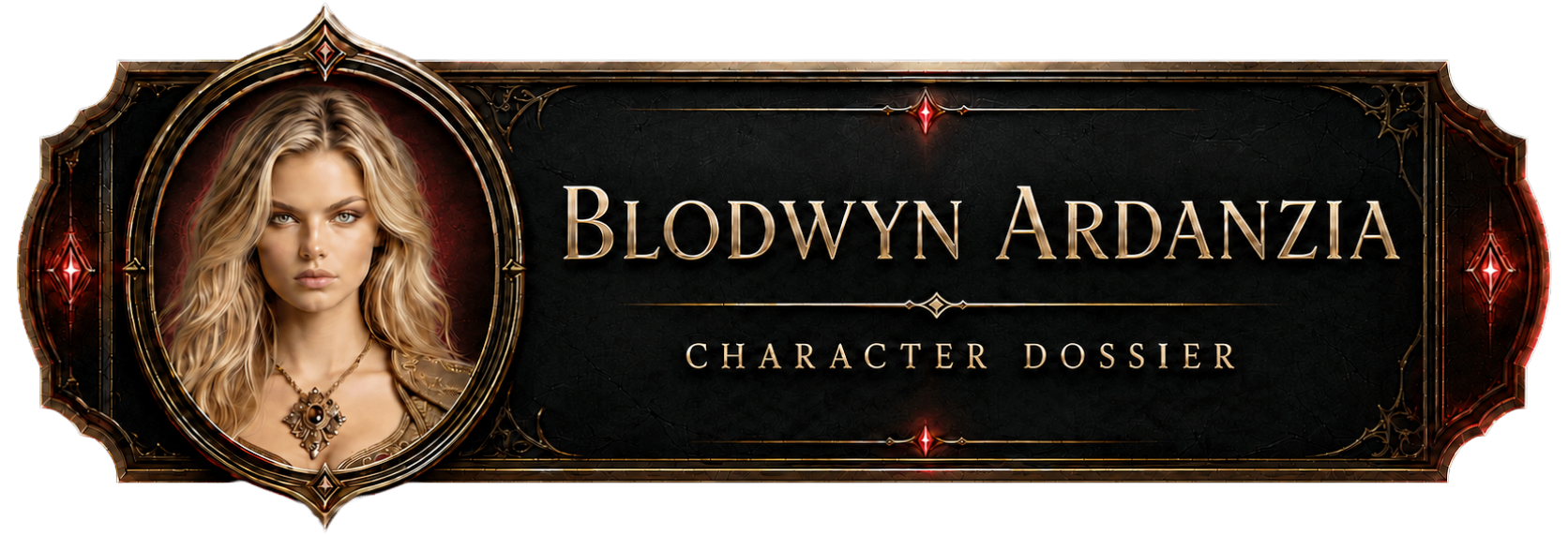 This character dossier button for the House of Wyrms project features a portrait of Blodwyn Ardanzia, a woman with long, wavy blonde hair and a focused expression. She is depicted wearing a metallic necklace with a large dark gemstone and ornate armor. Her portrait is encased in a circular bronze frame, which is part of a larger, dark, rectangular banner with decorative gold filigree and glowing red gems at the cardinal points. To the right of the portrait, the name "Blodwyn Ardanzia" is written in a large, elegant gold serif font, with the words "CHARACTER DOSSIER" in smaller capital letters centered below it.