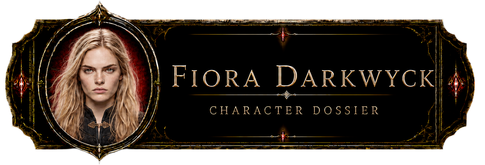 The image depicts a decorative horizontal button for a character dossier. On the left side of the button, there is a circular portrait of a young woman with curly red hair and freckles, smiling gently. To the right of the portrait, the name "WILMA BRAYDEN" is displayed in large, elegant, gold-colored serif capital letters. Below the name, the words "CHARACTER DOSSIER" appear in a smaller, simpler gold font. The entire button is encased in an ornate, dark metallic frame with gold accents and red glowing gems.
