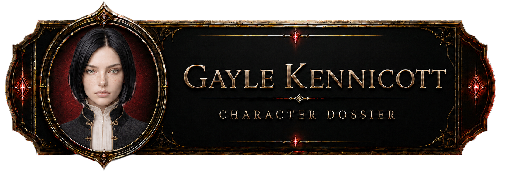 This image depicts a decorative horizontal button for a character dossier featuring Gayle Kennicott. On the left side, a circular portrait shows a young woman with short, dark hair, light eyes, and freckles, wearing a high-collared black and white garment. The rest of the button has a dark, textured background featuring the name "GAYLE KENNICOTT" in large, gold serif lettering, with the words "CHARACTER DOSSIER" printed in a smaller gold font underneath. The entire button is enclosed in an ornate, metallic frame with glowing red accents at the top, bottom, and sides.