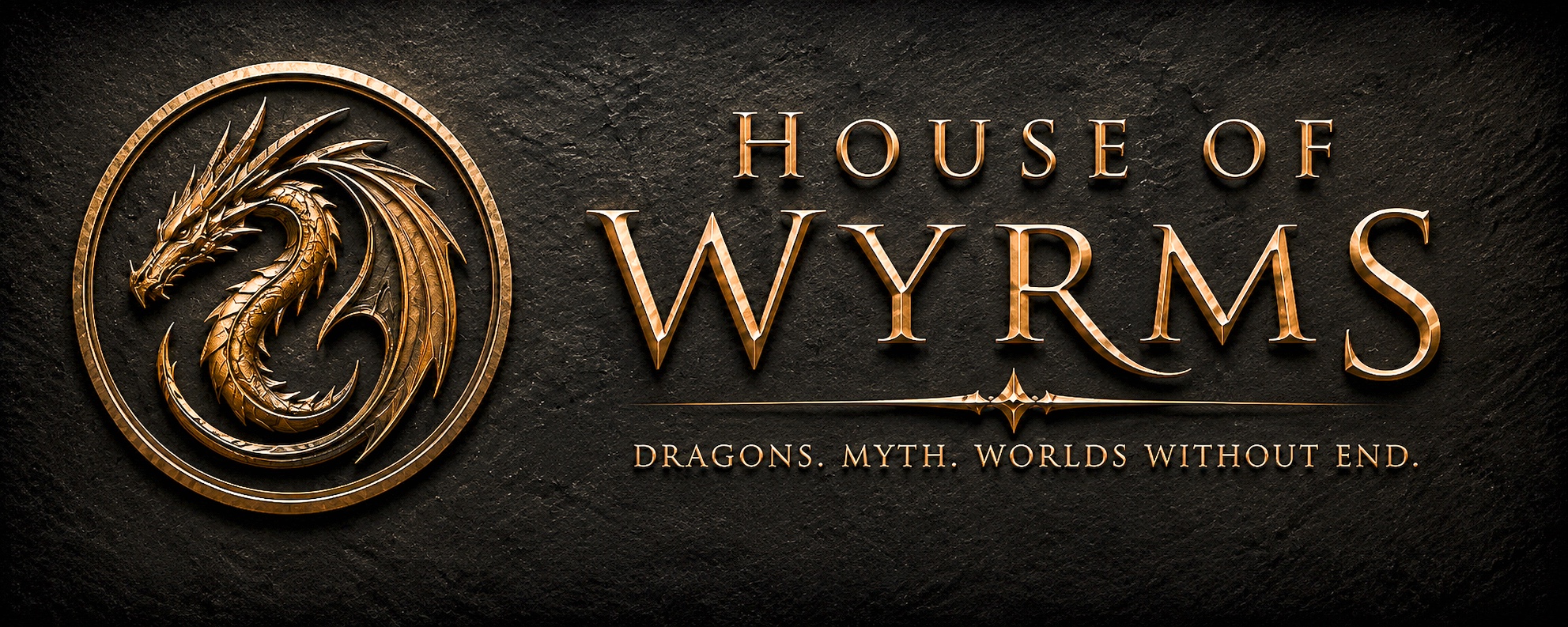 Gold dragon emblem beside an ornate House of Wyrms logo on a dark stone-textured background.
