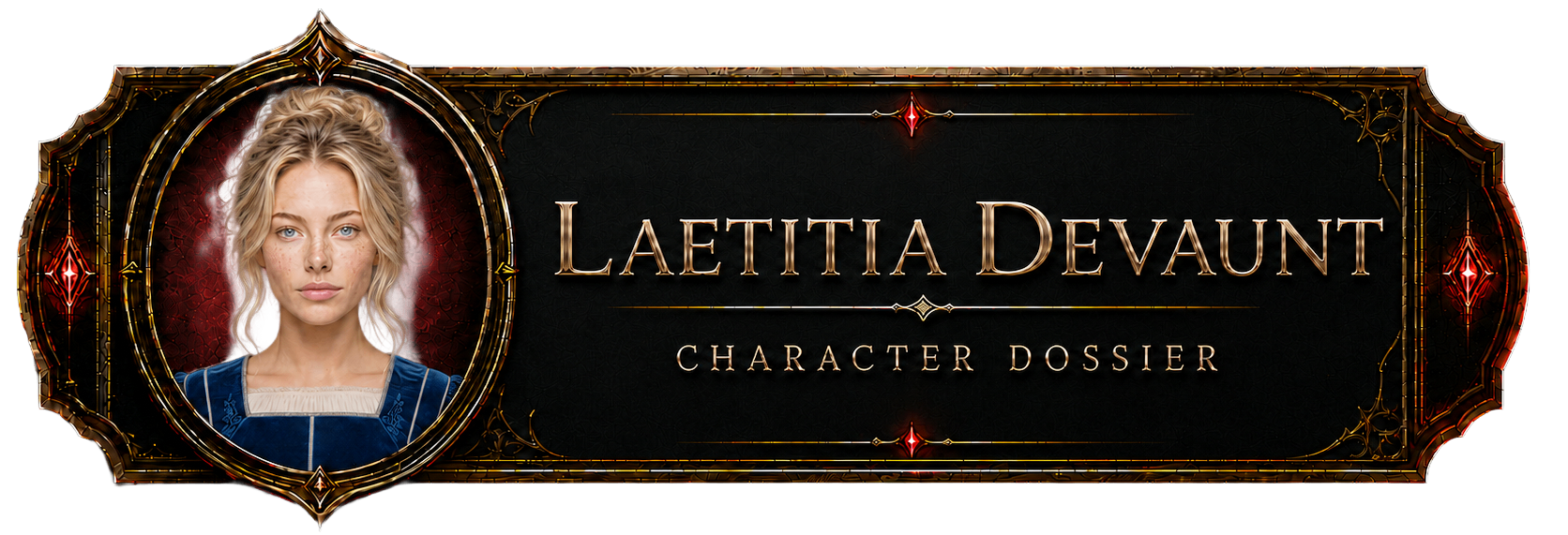 The provided image is a character dossier button for Laetitia Devaunt. It features a portrait of a fair-skinned woman with blonde hair tied in a bun, light-colored eyes, and freckles, wearing a blue dress with white detailing. This portrait is set within an ornate, circular bronze frame on the left side of a dark, textured rectangular banner. To the right of the portrait, the name "LAETITIA DEVAUNT" is written in large, gold, serif capital letters, with the words "CHARACTER DOSSIER" displayed in a smaller gold font underneath. The entire banner is enclosed in a decorative bronze border with glowing red accents at the top, bottom, and sides.