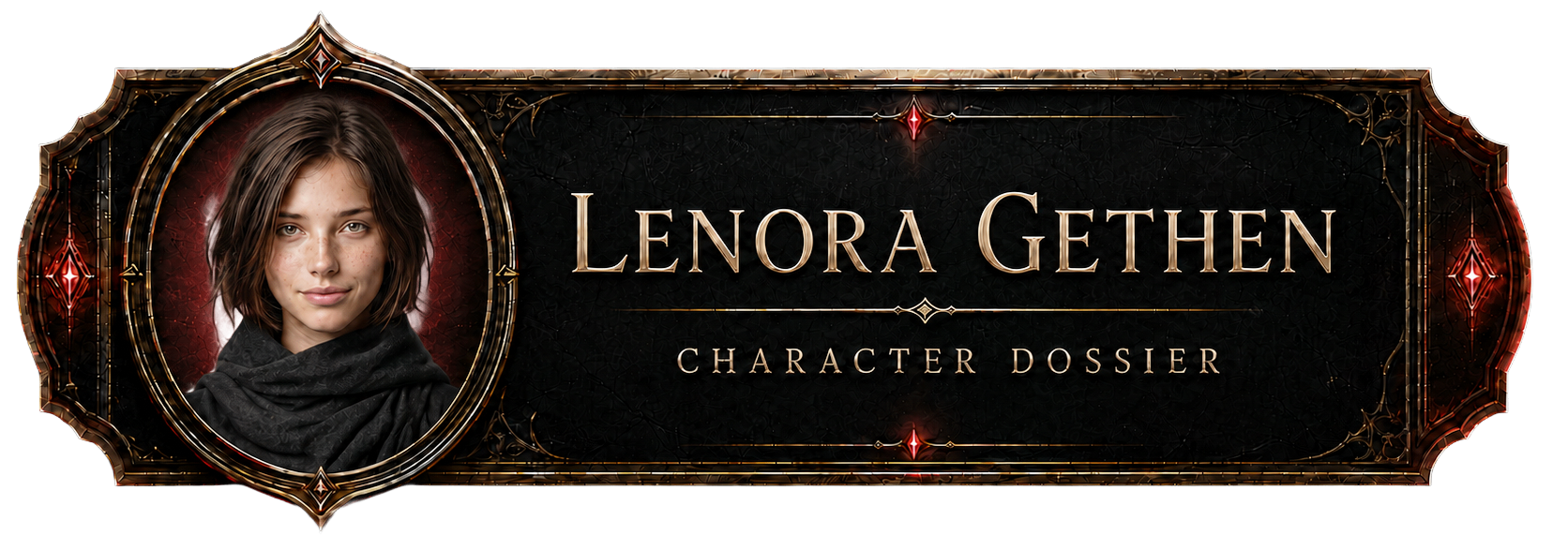 The image shows a decorative, horizontal banner button with a dark, textured background and ornate bronze-colored framing. On the left side, a circular frame contains a portrait of a young woman with brown hair and freckles wearing a dark scarf. To the right of the portrait, the name "LENORA GETHEN" is written in large, elegant gold capital letters, with the words "CHARACTER DOSSIER" displayed in smaller gold text directly underneath. The entire button is accented with small, glowing red diamond-shaped gems set into the frame.