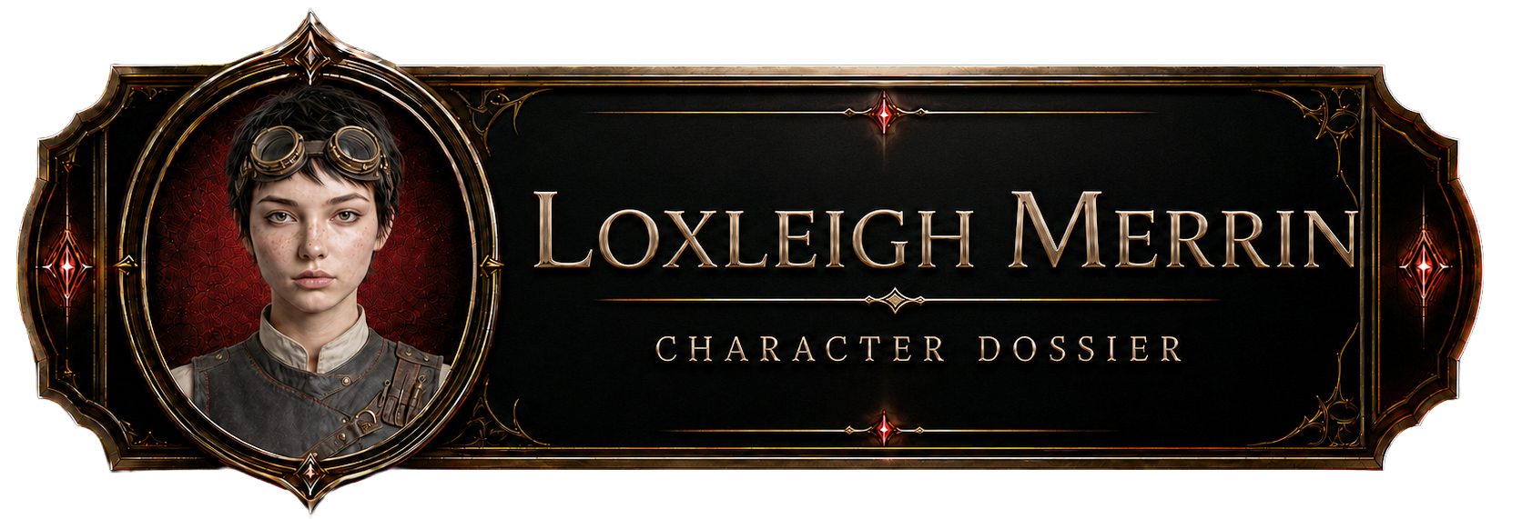 This horizontal button features a portrait of Loxleigh Merrin and her name in gold lettering against a dark, textured background. On the left, a circular frame contains a portrait of a young person with short dark hair, light eyes, and freckles, wearing a high-collared grey vest and bronze steampunk-style goggles on their forehead. To the right of the portrait, the name "LOXLEIGH MERRIN" is prominently displayed in large, elegant serif capitals, with the subtitle "CHARACTER DOSSIER" in smaller gold text underneath. The entire button is enclosed in a decorative, ornate gold frame with red glowing gems at the top, bottom, and right side.