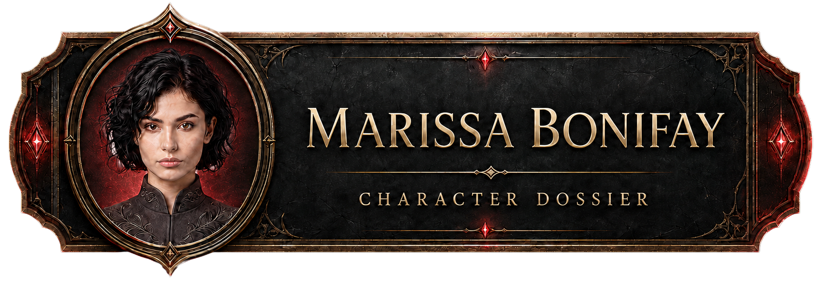 Character dossier banner for Marissa Bonifay. It features a rectangular, dark-textured background framed by an ornate, metallic border with glowing red diamond accents at the top, bottom, and sides. On the left, a circular inset frame contains a portrait of Marissa, a woman with short, dark curly hair and a neutral expression, wearing a dark garment with subtle embroidery. To the right of the portrait, her name, "MARISSA BONIFAY," is prominently displayed in gold serif lettering, with the words "CHARACTER DOSSIER" written in a smaller gold font underneath.