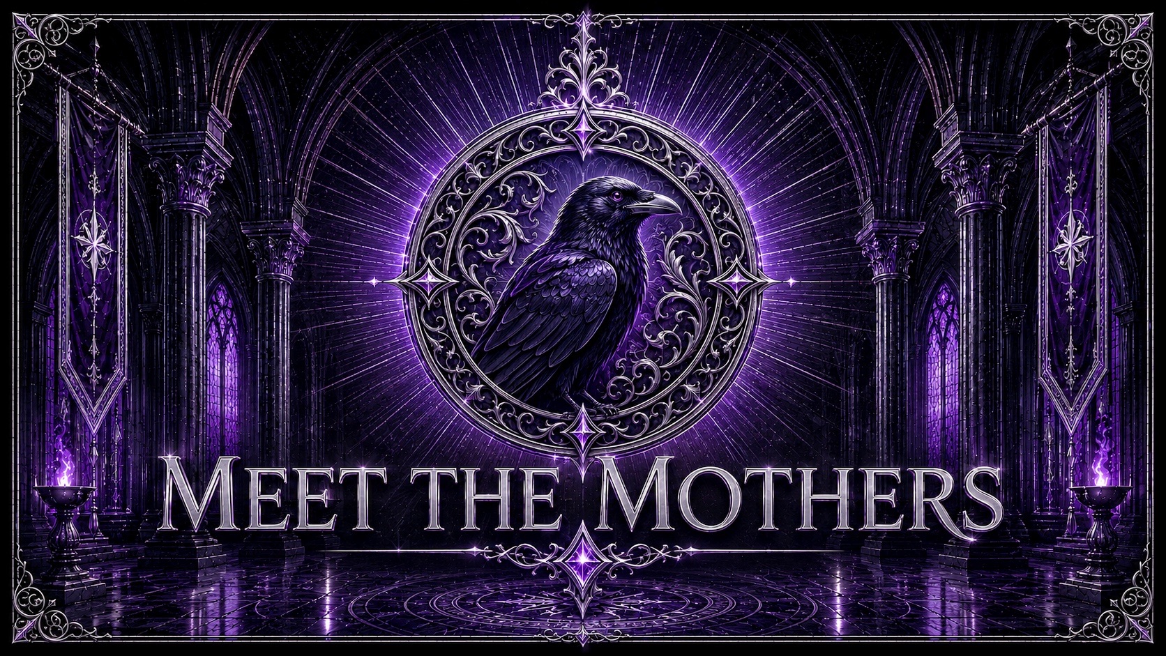 The image is a dark, gothic-themed illustration featuring a central black raven framed within an ornate, circular silver crest. The raven is depicted in profile, set against a radiating purple light that emanates from behind the crest. This central emblem is positioned in a grand, vaulted hall with tall stone pillars, purple stained-glass windows, and hanging banners featuring star-like emblems. The overall color palette is a deep combination of black, silver, and vibrant violet, with glowing purple flames visible in braziers on either side of the foreground. Large, silver stylized text across the lower third of the image reads "MEET THE MOTHERS".