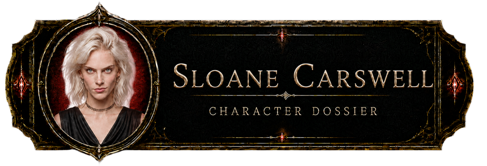 The image features a decorative, horizontally-oriented banner for a character dossier. On the left side, a circular portrait shows a woman with pale skin, intense light-colored eyes, and wavy, shoulder-length platinum blonde hair. She wears a black v-neck top and a thin black choker, set against a dark red, textured background. To the right of the portrait, the name "SLOANE CARSWELL" is written in large, elegant gold serif capital letters, with the words "CHARACTER DOSSIER" printed in a smaller gold font underneath. The entire banner is encased in an ornate, dark gold frame with intricate gothic details and small, glowing red diamond-shaped accents on the far left and right edges.