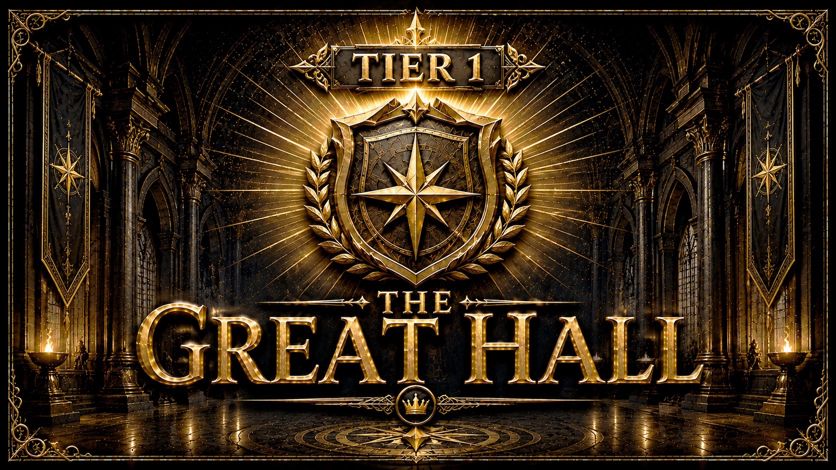 The image shows a grand, ornate chamber called "The Great Hall," which is designated as "Tier 1". The hall features dark stone columns, arched ceilings, and glowing torches. A large, golden shield with an eight-pointed star is prominently displayed in the center, surrounded by a laurel wreath. High-contrast gold text for "TIER 1" and "THE GREAT HALL" is layered over the scene, which also includes decorative banners and a small crown icon at the bottom.