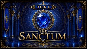 The image depicts a grand, deep blue architectural hall titled "THE SANCTUM" in large, gold serif lettering, positioned below a banner that reads "TIER 4". At the center of the composition is a large, multi-faceted blue gemstone held within an ornate, gold circular frame that radiates fine golden lines against a cosmic, star-dusted background. The hall is characterized by towering blue stone pillars, arched entryways, and elaborate gold trim, with blue banners featuring gold crests hanging on either side. Glowing blue flames sit in golden braziers on the polished floor, which features a golden compass-like design, all contributing to a regal and mystical atmosphere.