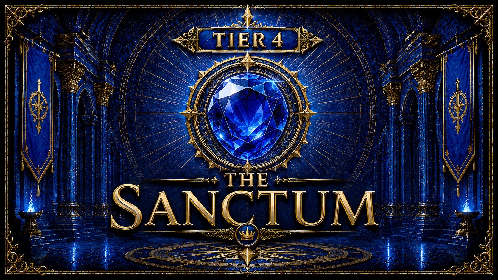 The image depicts a grand, deep blue architectural hall titled "THE SANCTUM" in large, gold serif lettering, positioned below a banner that reads "TIER 4". At the center of the composition is a large, multi-faceted blue gemstone held within an ornate, gold circular frame that radiates fine golden lines against a cosmic, star-dusted background. The hall is characterized by towering blue stone pillars, arched entryways, and elaborate gold trim, with blue banners featuring gold crests hanging on either side. Glowing blue flames sit in golden braziers on the polished floor, which features a golden compass-like design, all contributing to a regal and mystical atmosphere.