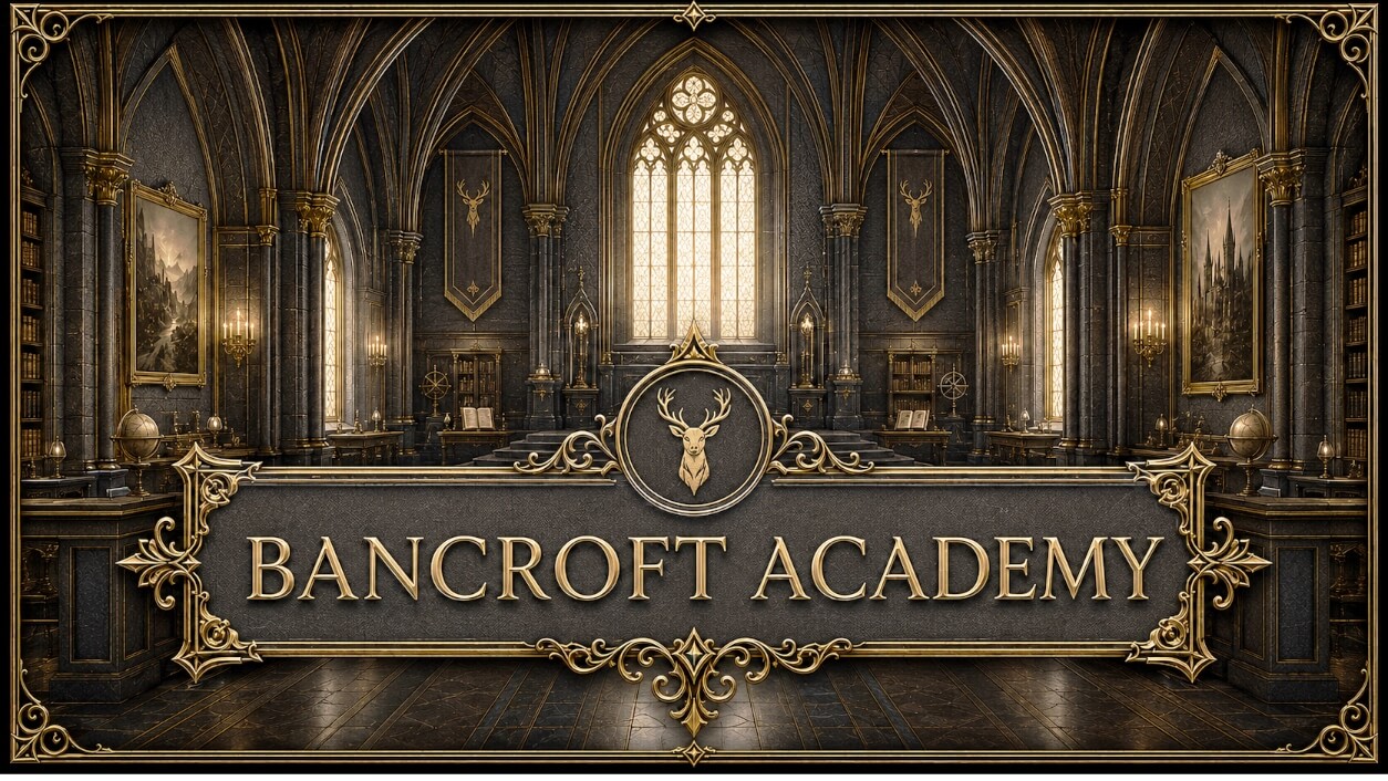 This image features the title "BANCROFT ACADEMY" prominently displayed in large, gold, serif lettering within an ornate, rectangular frame at the bottom center. Directly above this title is a circular gold emblem containing the head of a stag. The background depicts a grand, dark-toned hall or library with high vaulted ceilings, large arched windows that let in soft light, and walls lined with bookshelves. Decorative elements such as gold-framed paintings, banners featuring the same stag emblem, and scientific globes are placed throughout the architectural space.