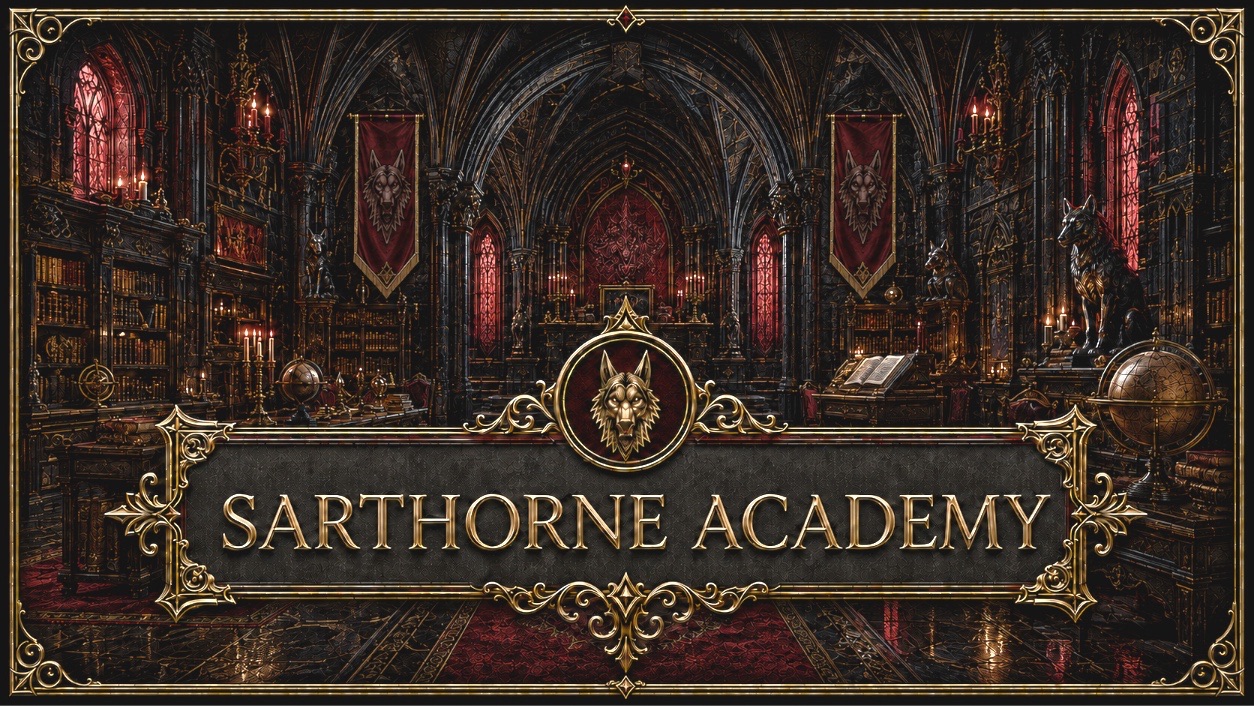 An ornate, dark-toned digital illustration depicts a grand gothic library for "SARTHORNE ACADEMY," as identified by large gold lettering on a central plaque. The room features high vaulted ceilings, intricate stonework, and tall stained-glass windows glowing with red light. Towering bookshelves filled with ancient volumes line the walls, accompanied by astronomical globes, candlelit chandeliers, and red banners hanging from the pillars. The academy's motif, a golden wolf's head, is featured prominently within a circular emblem above the text and on several wolf statues positioned throughout the chamber.