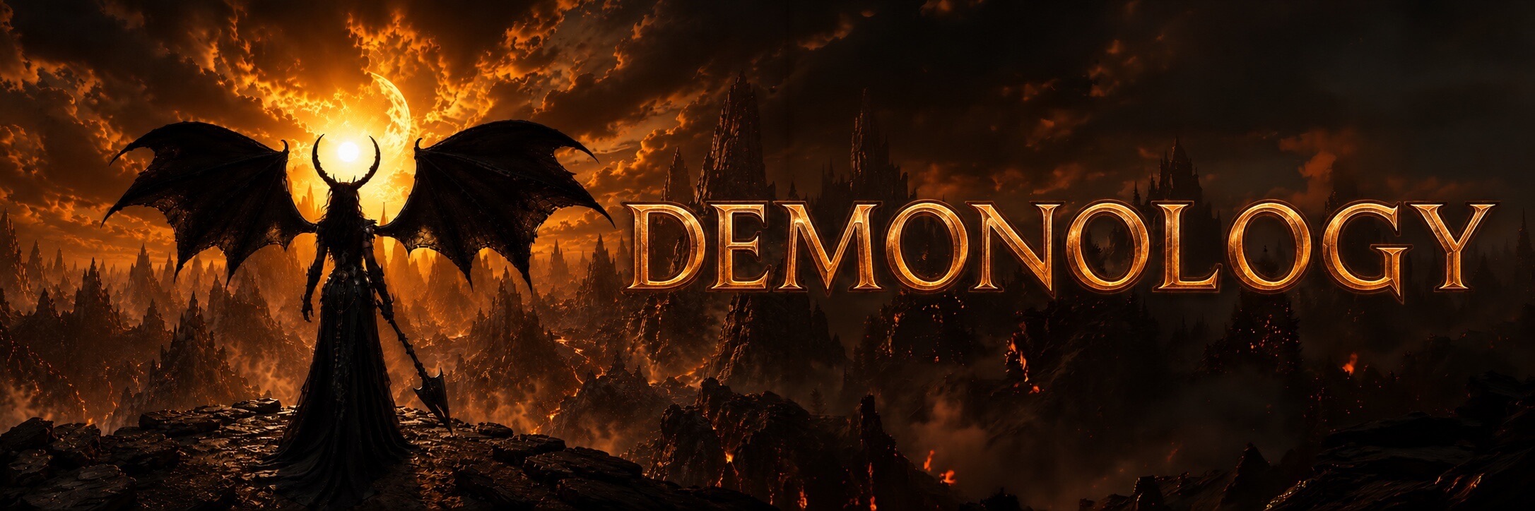 This image shows a dark, dramatic landscape featuring a silhouetted winged figure standing on a rocky precipice. The figure has large, tattered demonic wings and curved horns that frame a glowing sun or moon in the background, which illuminates a sky filled with fiery orange clouds. The foreground and middle ground consist of jagged, dark mountain peaks that appear to be glowing with embers or lava. On the right side of the image, the word "DEMONOLOGY" is written in large, stylized, golden-brown capital letters that have a textured, metallic appearance.