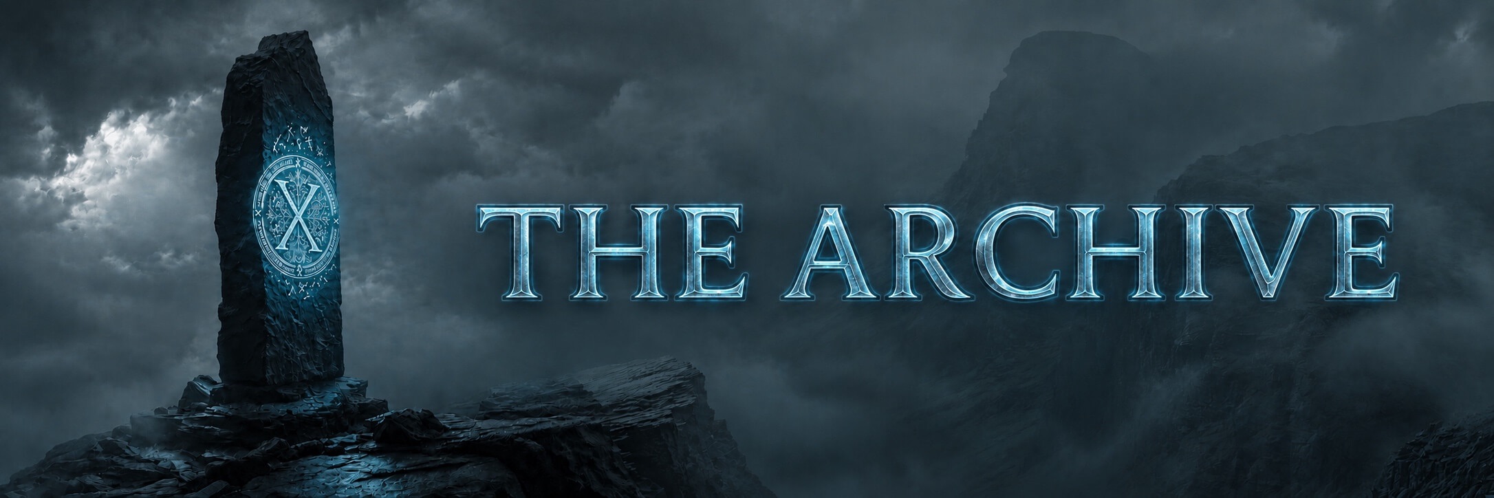 This image, titled "THE ARCHIVE," depicts a dark and atmospheric mountain landscape under a heavy, clouded sky. On the left, a tall, dark stone monolith stands atop a rocky peak, featuring a glowing blue circular seal with a large letter "X" in the center. The words "THE ARCHIVE" are prominently displayed across the center of the image in a large, serif font with a glowing blue, crystalline texture. The overall color palette is dominated by deep blues, grays, and blacks, creating a mysterious and epic fantasy tone.