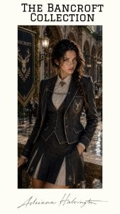 An image titled "THE BANCROFT COLLECTION" features a young woman, identified by the handwritten signature at the bottom as Adriana Halvington, standing in a grand, classically designed courtyard. She is dressed in a sophisticated, dark grey academic uniform consisting of a structured blazer, a matching vest, and a pleated skirt with light-colored inserts. The uniform is detailed with intricate metallic hardware, including a chain across the lapel and a crest on her chest pocket depicting a stag's head. This stag motif is mirrored on a large banner behind her that bears the name "BANCROFT". The woman has long, dark hair styled in a side braid and look directly at the camera with a serious expression.
