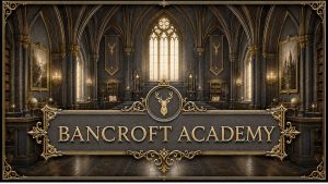 This image features the title "BANCROFT ACADEMY" prominently displayed in large, gold, serif lettering within an ornate, rectangular frame at the bottom center. Directly above this title is a circular gold emblem containing the head of a stag. The background depicts a grand, dark-toned hall or library with high vaulted ceilings, large arched windows that let in soft light, and walls lined with bookshelves. Decorative elements such as gold-framed paintings, banners featuring the same stag emblem, and scientific globes are placed throughout the architectural space.