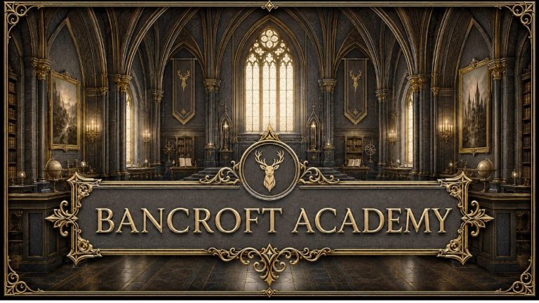 This image features the title "BANCROFT ACADEMY" prominently displayed in large, gold, serif lettering within an ornate, rectangular frame at the bottom center. Directly above this title is a circular gold emblem containing the head of a stag. The background depicts a grand, dark-toned hall or library with high vaulted ceilings, large arched windows that let in soft light, and walls lined with bookshelves. Decorative elements such as gold-framed paintings, banners featuring the same stag emblem, and scientific globes are placed throughout the architectural space.