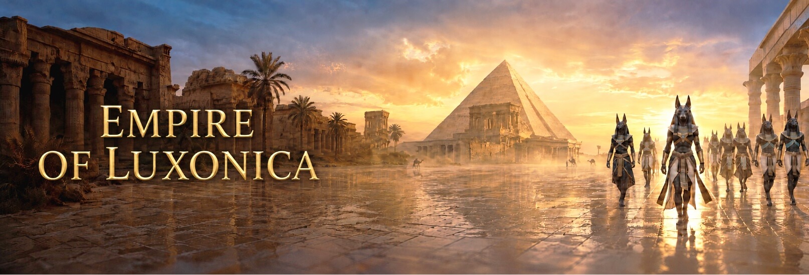 This image, titled "Empire of Luxonica," depicts a sprawling ancient Egyptian-inspired landscape under a golden sunset. On the left, the text "EMPIRE OF LUXONICA" is written in large, gold, serif lettering against a backdrop of weathered stone ruins and palm trees. In the center, a massive stone pyramid rises prominently into a sky filled with glowing clouds. To the right, a procession of figures with the heads of jackals, reminiscent of the god Anubis, marches forward across a reflective, sandy ground toward the viewer. The scene is framed by tall stone columns on both sides, creating a sense of a vast, monumental desert city.