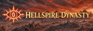 This image is a horizontal banner for "HELLSPIRE DYNASTY," featuring a desolate, rocky wasteland under a dramatic, glowing orange and dark grey sky. On the left side, there is a large, glowing orange emblem of an eye with a vertical slit, surrounded by eight radiating spikes. The words "HELLSPIRE DYNASTY" are written in a bold, gold, serif font across the center and right side of the banner. The landscape below the text consists of jagged mountain peaks and crumbling stone ruins scattered across a barren, sandy plain.