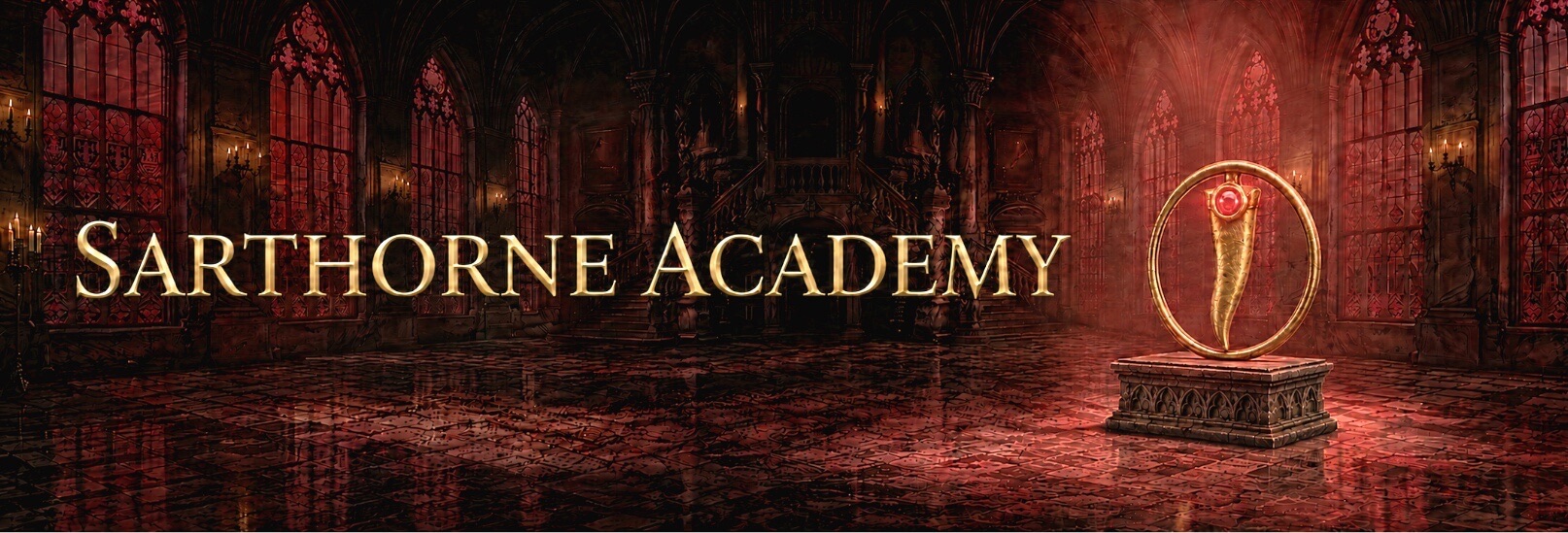A wide banner for Sarthorne Academy depicts a dark, gothic interior with a red, monochromatic color scheme and high-contrast lighting. The text "SARTHORNE ACADEMY" is centered in gold, serif capital letters across a large, cavernous hall with polished, reflective floors and tall, pointed-arch windows. To the right of the text, a golden artifact featuring a curved, horn-like shape topped with a red gem is displayed inside a circular frame atop an ornate stone pedestal. The background reveals grand architectural details, including a shadowy double staircase and candlelight illuminating the stone walls.