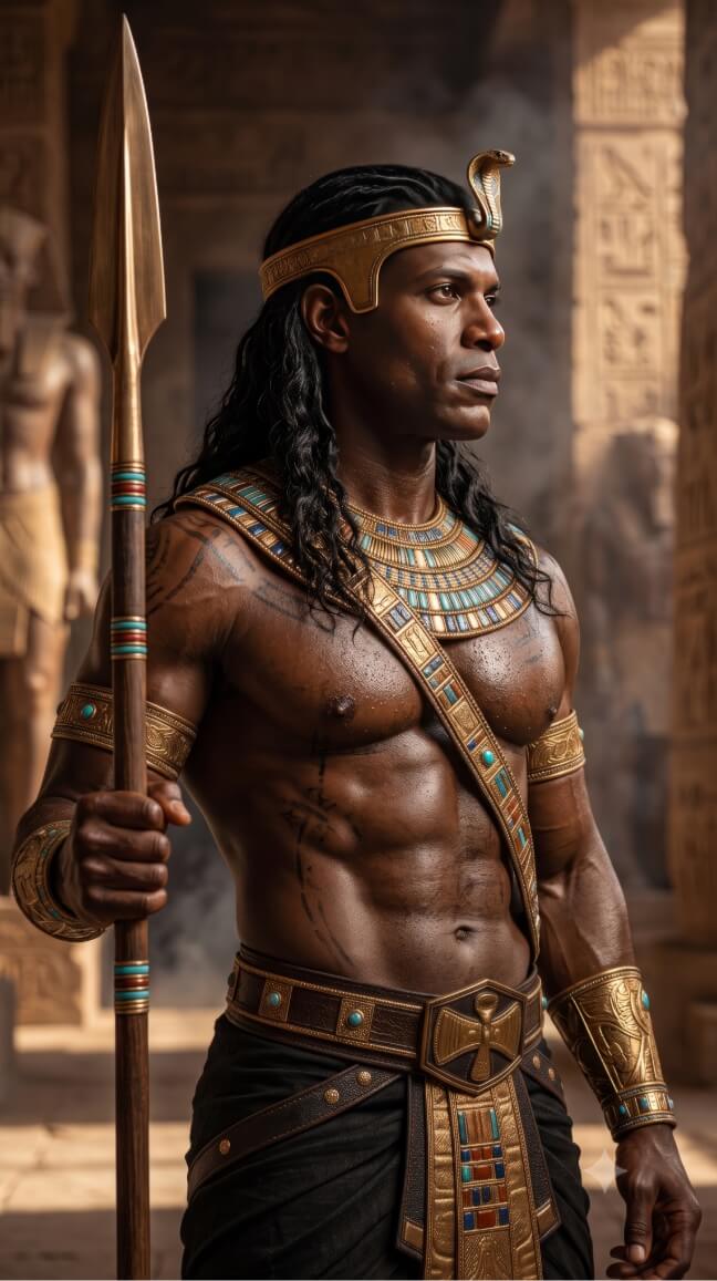 The image depicts a muscular man with dark skin standing in a profile view within an ancient Egyptian-style setting. He has long, black wavy hair and is wearing a golden headband featuring a cobra. His attire consists of ornate golden and blue jewelry, including a large collar, armbands, and a detailed belt worn over a dark loincloth. He holds a tall wooden spear with a sharp metal tip in his right hand. The background shows stone pillars and statues, suggesting a temple or palace environment.