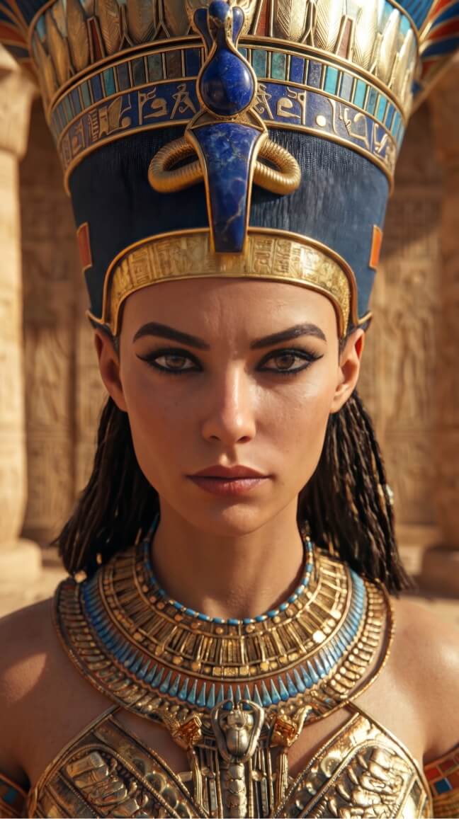 The image depicts a woman dressed in regal, ancient Egyptian-style attire, positioned centrally in a close-up portrait. She wears an elaborate, high blue crown adorned with gold bands, intricate patterns, and a prominent lapis lazuli uraeus cobra at the center. Her accessories include a wide, ornate collar necklace featuring tiers of gold and turquoise beads, and her makeup is characterized by bold, dark winged eyeliner. She has dark hair styled in thin braids and maintains a serious expression as she looks directly forward. The background shows the blurred sandstone columns of an ancient temple or palace under bright, direct sunlight.