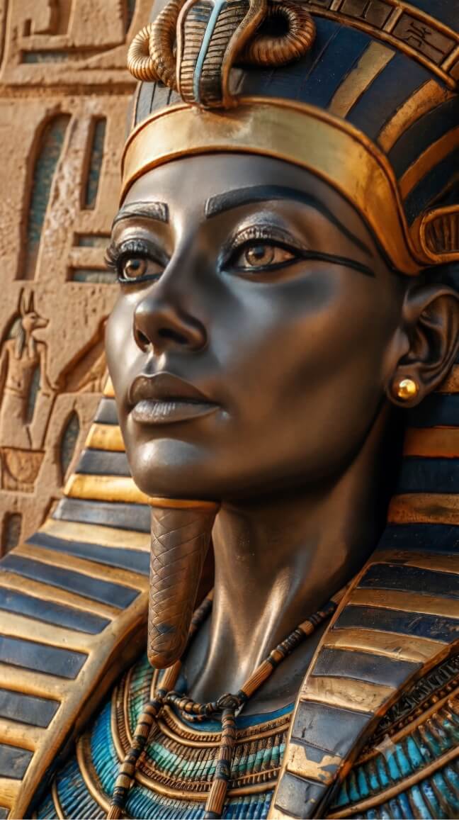 The image features a detailed, dark-bronze bust of a pharaoh, reminiscent of ancient Egyptian royalty, set against a background of sand-colored stone etched with hieroglyphs. The figure wears an ornate headdress with alternating gold and blue bands, crowned with a golden cobra at the forehead. Their face is characterized by high cheekbones, almond-shaped eyes with thick black eyeliner, and a calm, regal expression. A thin, braided ceremonial beard extends from the chin, and they are adorned with a large, decorative collar made of intricate rows of gold, turquoise, and black beads. One small, gold stud earring is visible on the pharaoh's ear as they gaze slightly upward and to the side.
