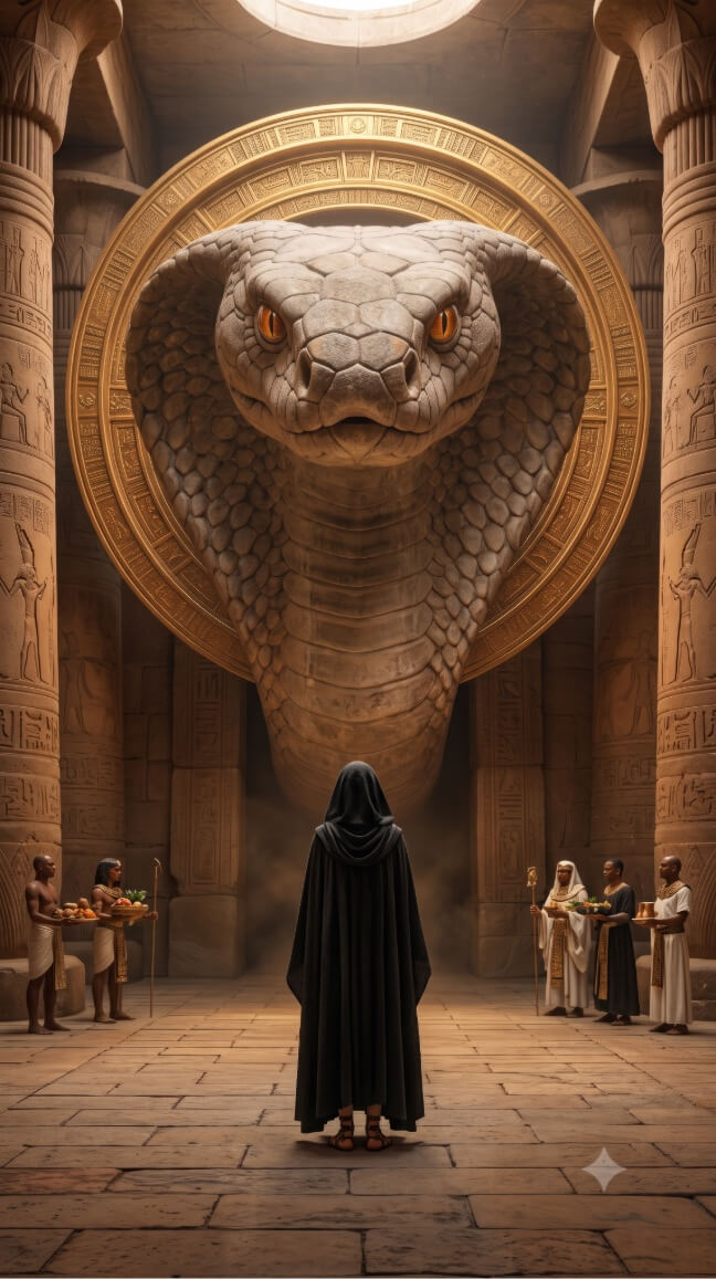 An immense stone cobra head with glowing orange eyes dominates the center of an ancient, Egyptian-style temple, framed by a large golden circular crest. Below the monumental serpent, a lone figure in a long black hooded cloak stands with their back to the viewer, facing the statue. On either side of the temple floor, small groups of people in traditional ancient attire carry offerings, while towering sandstone pillars carved with hieroglyphics flank the scene. A soft, atmospheric light descends from an opening in the ceiling, illuminating the cobra and the stone-tiled floor.