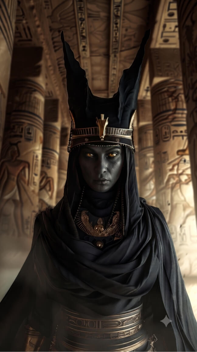 The image depicts a figure with deep grey skin and glowing amber eyes, wearing an ornate black headdress with two tall, pointed peaks resembling jackal ears. The figure is dressed in layered black robes and a heavy, draped dark cloak, accented by a large golden pectoral necklace and a wide metallic belt engraved with intricate patterns. They stand within a dimly lit, ancient Egyptian-style temple, surrounded by massive stone columns and a ceiling covered in detailed hieroglyphics and carved figures. The lighting is dramatic, casting deep shadows across the figure’s face and the architectural ruins in the background.