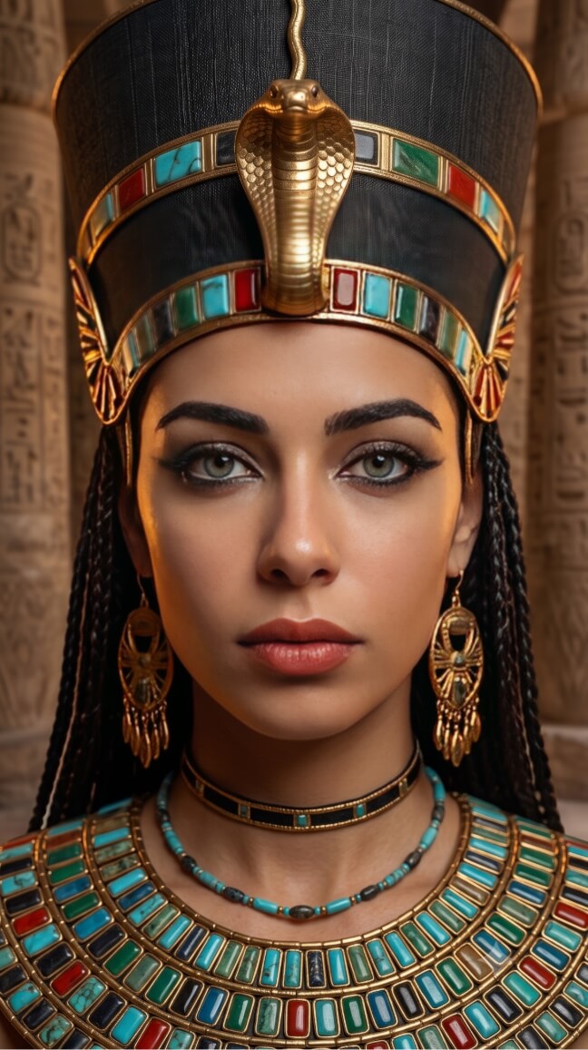 A portrait of a woman dressed in regal, ancient Egyptian-inspired attire, depicted from the chest up against a background of stone pillars covered in faint hieroglyphics. She wears a tall, black crown adorned with a golden cobra (uraeus) at the center and a band of colorful inlaid gemstones in shades of turquoise, red, and blue. Her dark hair is styled in numerous thin braids, and she wears large, ornate gold earrings with dangling elements. A wide, elaborate collar necklace made of rows of multi-colored rectangular beads rests on her shoulders, complemented by a thin black choker with a turquoise center and a delicate beaded necklace below it. The woman has a neutral expression with dramatic winged eyeliner and light-colored eyes, looking directly forward.