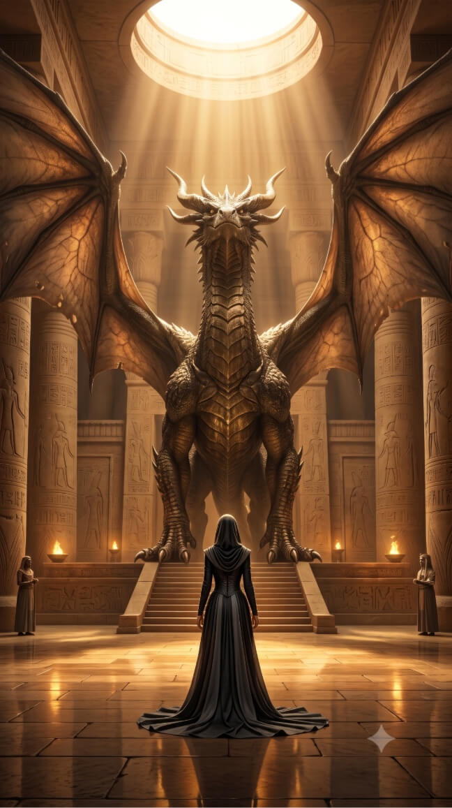 An immense, gold-scaled dragon with wide, leathery wings dominates the center of a high-ceilinged, sunlit Egyptian-style temple. Light beams down from a circular opening in the ceiling, illuminating the dragon as it stands perched atop a stone dais at the end of a long hall. In the foreground, a person in a long, hooded black cloak stands with their back to the viewer, facing the dragon. Massive stone pillars carved with hieroglyphics line the hall, and two robed figures stand near small fires flanking the stairs to the dais.