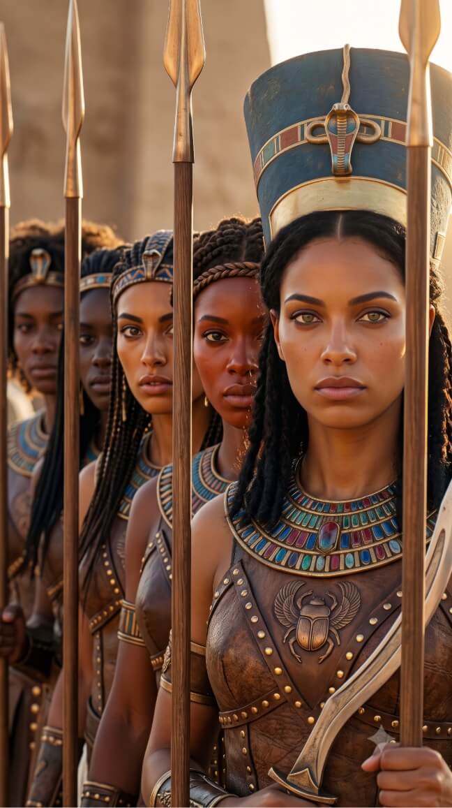 An image depicting five women standing in a column, dressed as ancient Egyptian-style warriors. The woman in the foreground faces the viewer with a stern expression, wearing a tall blue crown adorned with a golden cobra (uraeus), a vibrant jeweled collar, and leather armor featuring a central winged scarab motif. She and the four women lined up behind her each hold a long wooden spear with a sharp metallic tip. The warriors behind her are similarly dressed in leather armor and jeweled collars, with their hair styled in long braids adorned with golden headbands. The background is slightly blurred, showing the tan, sandy architecture of what appears to be an ancient temple or monument under bright, warm lighting.