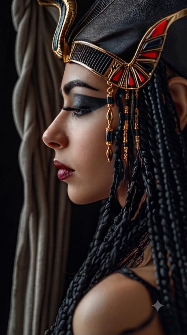 A profile view of a woman styled in ancient Egyptian-inspired regalia. She wears an ornate, dark headdress featuring gold banding and vibrant red and blue accents, with gold and black beaded jewelry hanging near her temple. Her hair is styled in numerous long, thin black braids that fall down her back. She has dramatic, dark winged eyeliner and deep red lipstick, looking off-camera with a neutral expression. To her left, a thick, neutral-toned braided rope or fabric column stands against a dark, shadowy background.