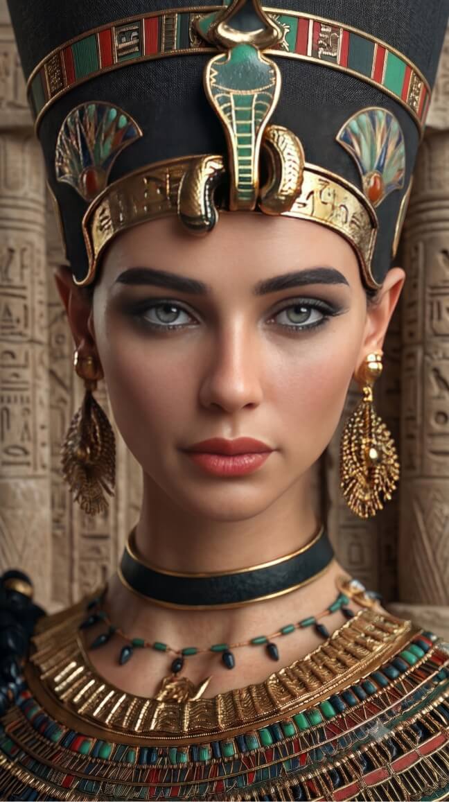 This portrait depicts a woman in ornate, ancient Egyptian-style attire, resembling the iconic bust of Nefertiti. She wears a tall, flat-topped black crown decorated with a golden uraeus cobra and colorful bands of red, green, and gold. Her jewelry includes large, teardrop-shaped gold filigree earrings, a black choker, and a wide, elaborate collar necklace composed of rows of gold, turquoise, and coral-colored beads. The woman has light-colored eyes, defined dark eyebrows, and a neutral expression with terracotta-colored lips. In the background, two stone pillars are visible, covered in etched hieroglyphic symbols.