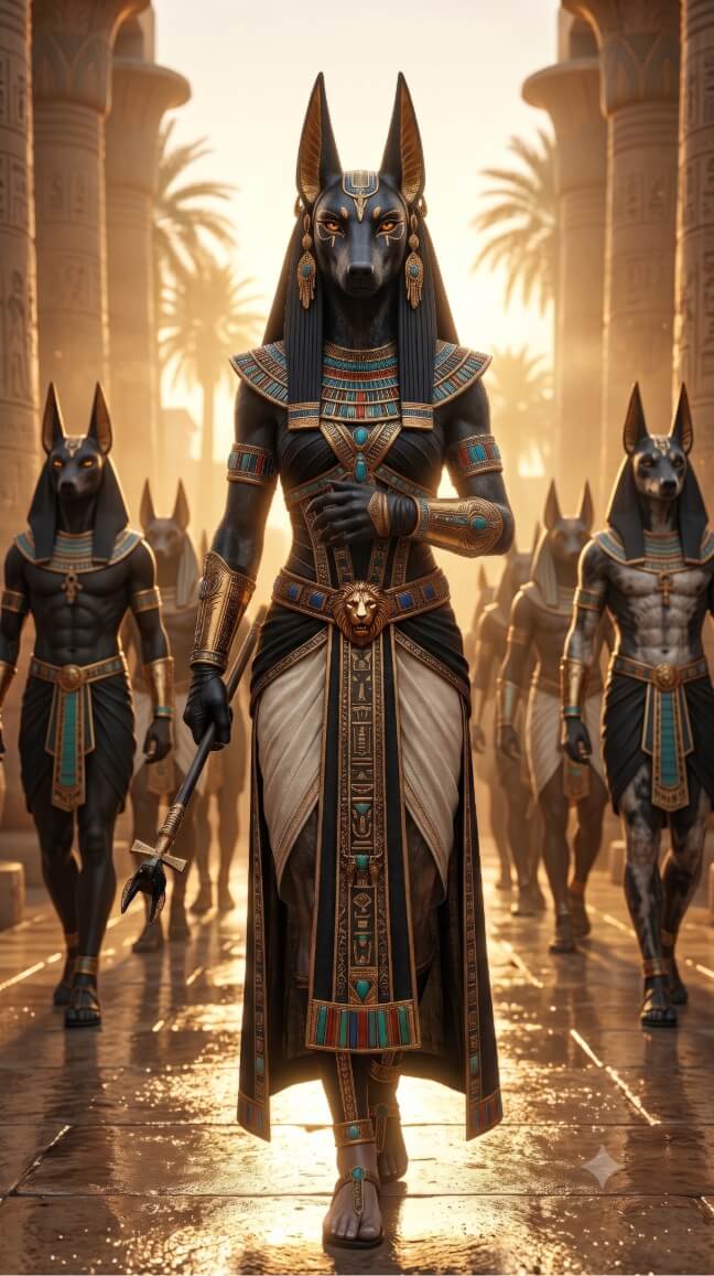 This image shows a digital illustration of an army of Anubis-like figures with jackal heads and human bodies walking forward through a grand, ancient Egyptian-style colonnade. The central figure is a female warrior adorned in intricate black and gold armor with turquoise accents, a lion-head belt buckle, and a long decorative sash. She holds a ceremonial staff in her right hand as she leads a group of similarly dressed male jackal warriors down a stone path lined with massive pillars and palm trees under a hazy, golden sunlight. The ground appears wet, reflecting the warm light and the figures' silhouettes, creating a powerful and atmospheric scene.