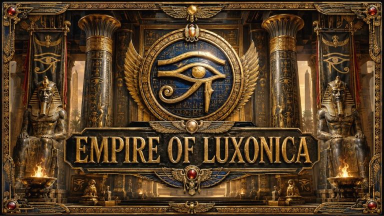This image displays a grand, ornate Egyptian-themed scene titled "EMPIRE OF LUXONICA," with the text appearing in large, gold 3D lettering across the center. The backdrop features a monumental hall filled with intricately carved columns and two large statues of pharaohs seated on thrones, flanking the central title. Dominating the upper center is a large, golden Eye of Horus set within a circular, winged emblem, while smaller winged scarabs and hieroglyphic symbols decorate the architectural elements. The entire scene is bathed in a warm, golden glow from fires burning in basins at the feet of the statues, and obelisks can be seen in the hazy distance through the temple's openings.