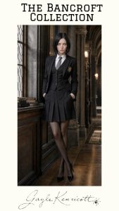 This image, titled "THE BANCROFT COLLECTION," depicts a young woman named Gayle Kennicott standing in a formal, dimly lit library or hallway. She is wearing a sophisticated black school uniform consisting of a blazer with a gold crest, a matching vest over a white collared shirt with a grey tie, a pleated skirt, black tights, and high heels. The woman has short dark hair and a serious expression as she leans against a dark wood ledge near a window. The background features ornate architectural details, including tall columns and a runner rug on a polished wood floor. Her name, Gayle Kennicott, is written in elegant cursive at the bottom of the image, accompanied by a small spider illustration.