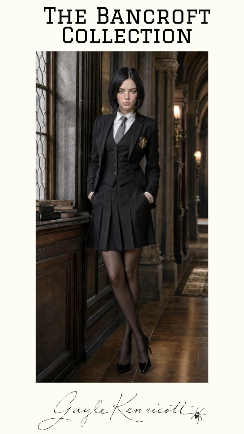 This image, titled "THE BANCROFT COLLECTION," depicts a young woman named Gayle Kennicott standing in a formal, dimly lit library or hallway. She is wearing a sophisticated black school uniform consisting of a blazer with a gold crest, a matching vest over a white collared shirt with a grey tie, a pleated skirt, black tights, and high heels. The woman has short dark hair and a serious expression as she leans against a dark wood ledge near a window. The background features ornate architectural details, including tall columns and a runner rug on a polished wood floor. Her name, Gayle Kennicott, is written in elegant cursive at the bottom of the image, accompanied by a small spider illustration.