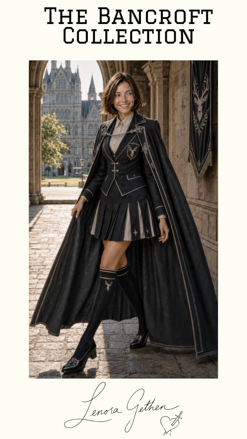 The image, titled "THE BANCROFT COLLECTION," features a smiling young woman named Lenora Gethen standing in a stone courtyard with a large, Gothic-style castle visible in the background. She is dressed in a sophisticated dark academic ensemble consisting of a structured blazer with silver trim, a pleated skirt with tan panels, knee-high socks, and a long, flowing floor-length cape. The outfit is detailed with a stag crest on the blazer and socks, echoing a similar stag emblem on a banner hanging from the stone wall behind her. At the bottom of the image, her name, Lenora Gethen, is written in elegant cursive alongside a small illustration of a heart pierced by a sword.