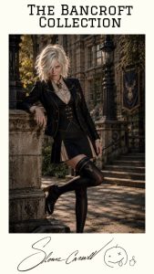 The image features a blonde woman in a dark academic-style uniform, standing outdoors in front of a grand, gothic stone building. Titled "THE BANCROFT COLLECTION," the image shows her wearing a tailored black jacket over a vest and pleated skirt, complemented by thigh-high black stockings adorned with a golden stag emblem—a motif that is repeated on her jacket and a nearby hanging banner. She leans against an ornate stone pillar on a paved walkway, with stone stairs and a classic lamppost visible in the background. At the bottom of the image, the name "Sloane Carswell" is written in elegant cursive alongside a small, hand-drawn doodle of a face with "X" eyes and its tongue out.