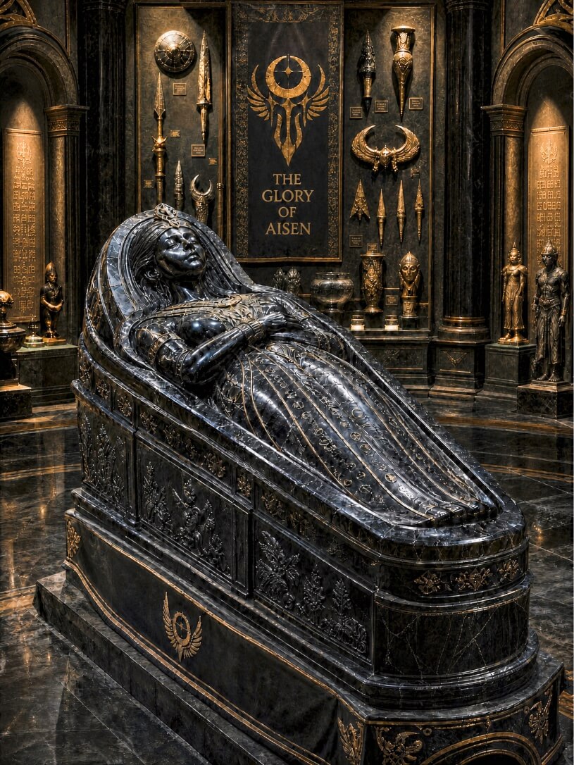 An ornate, dark marble or stone sarcophagus with a detailed effigy of a reclining figure rests in the center of a grand, dimly lit chamber with a polished floor. The sarcophagus features intricate relief carvings along its side and a golden winged emblem near the base. In the background, a large dark banner hangs vertically, inscribed with the words "THE GLORY OF AISEN" beneath a golden crescent moon and crest symbol. The surrounding walls are decorated with arched alcoves, hieroglyphic-like inscriptions, and a display of golden artifacts, including spears, shields, vases, and small statues, contributing to an ancient or royal treasury atmosphere.
