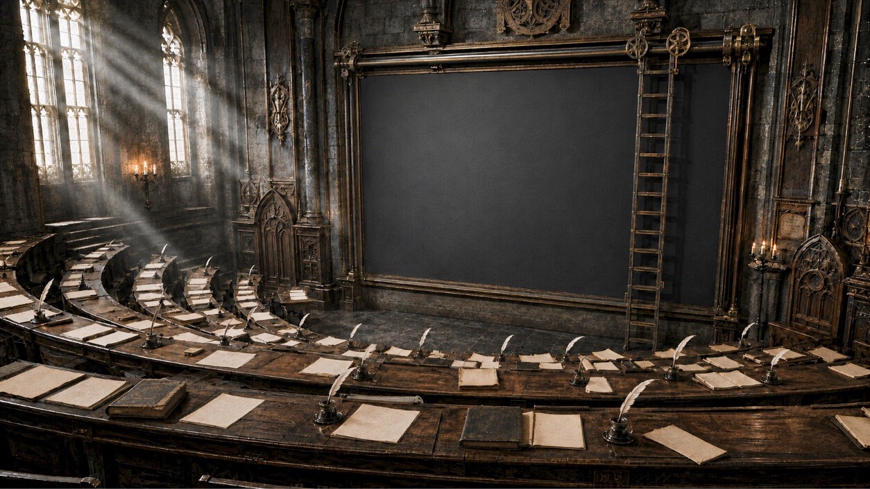 This image depicts a dark, ornate lecture hall or archive room featuring rows of curved, tiered wooden desks. Each desk is set with individual inkwells, quill pens, and scattered pieces of parchment paper. At the front of the room stands a massive, dark rectangular screen or blackboard framed by intricate architectural molding, with a tall wooden ladder leaning against its right side. The room has a Gothic aesthetic, with stone walls, pointed arch details, and dust motes dancing in the shafts of bright sunlight streaming through tall arched windows on the left.