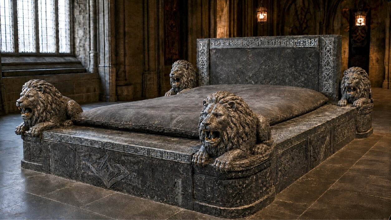 The image depicts a large, ornate bed made of dark, heavy stone, possibly marble, situated in a grand hall with stone walls and a leaded glass window. Four life-sized, snarling lion sculptures serve as bedposts, one positioned at each corner of the bed frame. The stone frame is intricately carved with geometric patterns and ancient-looking symbols, while the mattress itself appears thick and firm, covered in a textured dark gray material. The setting is dimly lit by hanging lanterns, casting shadows that emphasize the imposing and gothic nature of the furniture.