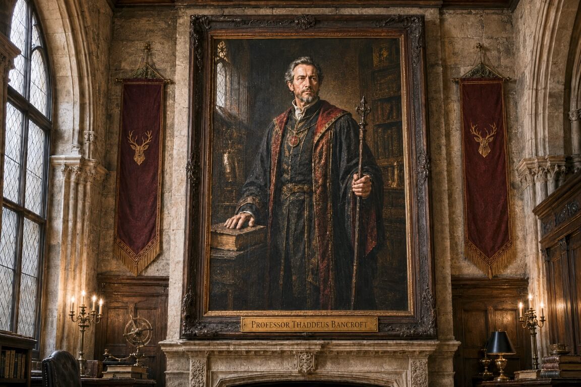 The image depicts a large, formal oil portrait of Professor Thaddeus Bancroft mounted in an ornate dark wood frame above a stone fireplace mantle in a gothic-style hall. The Professor is shown standing with a stern expression, wearing elaborate academic or ceremonial robes in black and red with gold embroidery, holding a staff in one hand and resting the other on a thick book. A nameplate at the bottom of the frame identifies him as "PROFESSOR THADDEUS BANCROFT". The portrait is flanked by two long, maroon banners featuring a gold stag emblem, and the surrounding room contains architectural details such as high arched windows, stone pillars, and wooden bookshelves.