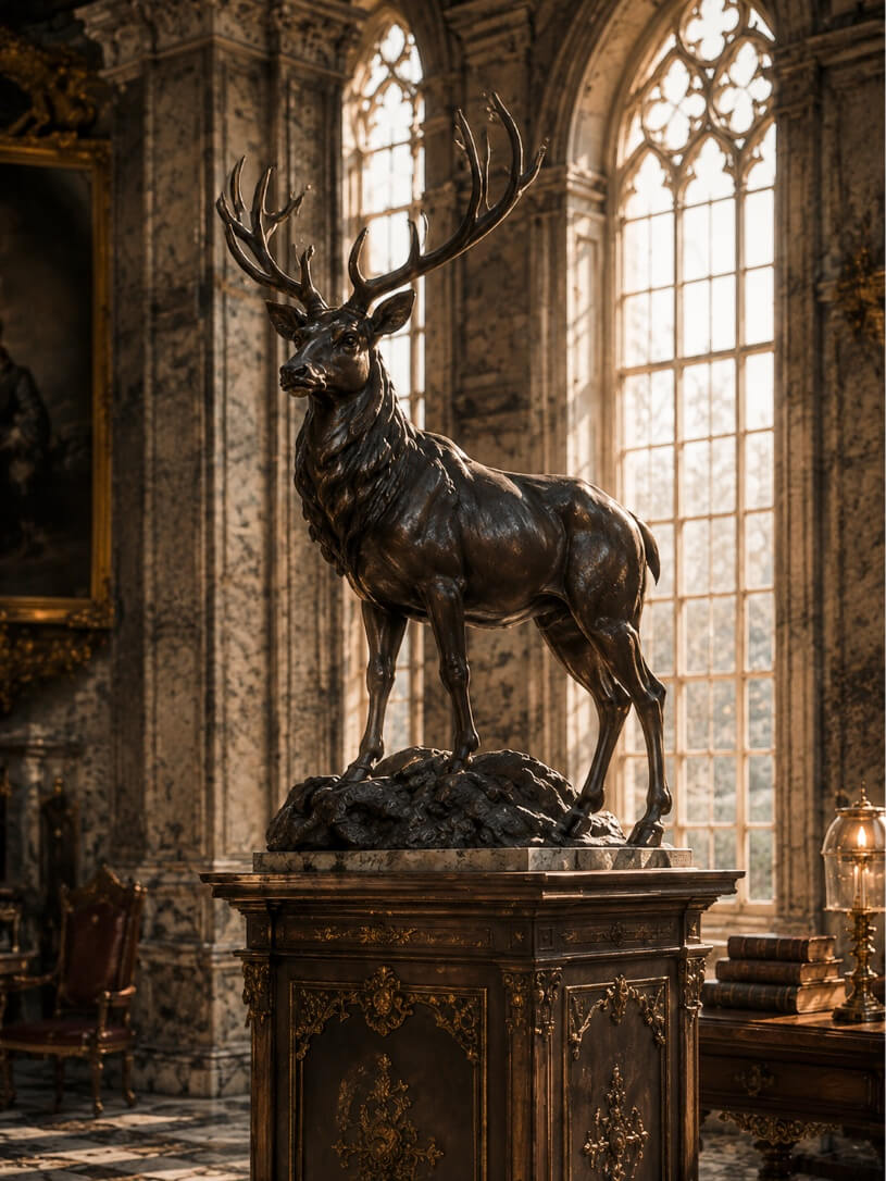 A bronze-colored statue of a majestic stag stands prominently on an ornate wooden pedestal in the center of a grand, classical room. The stag is depicted with large, branching antlers and a powerful stance, positioned atop a rocky-textured base. In the background, tall arched windows with intricate latticework allow soft sunlight to filter into the space, illuminating marble-tiled floors and walls adorned with gold-framed paintings and architectural carvings. To the right, a dark wooden desk holds a stack of old books and a glowing lamp, while a leather chair is visible in the corner, contributing to the scholarly and historic atmosphere of the archive.