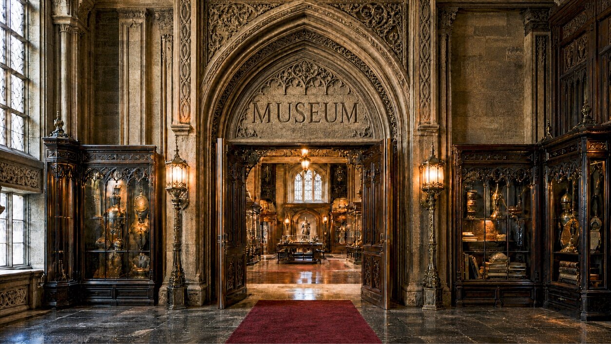 The image depicts the grand entrance to a museum, characterized by elaborate Gothic architecture and dark wood accents. A large stone archway featuring intricate carvings and the word "MUSEUM" engraved above the opening serves as the focal point, with a red carpet leading through heavy, open wooden doors. Flanking the entrance are tall, ornate display cases filled with various artifacts, including what appears to be suits of armor on the left and historical books or objects on the right. Decorative, vintage-style street lamps stand on either side of the doorway, casting a warm glow against the detailed stone walls. Through the open doors, a secondary room is visible, continuing the historical theme with further displays and a large window in the background.