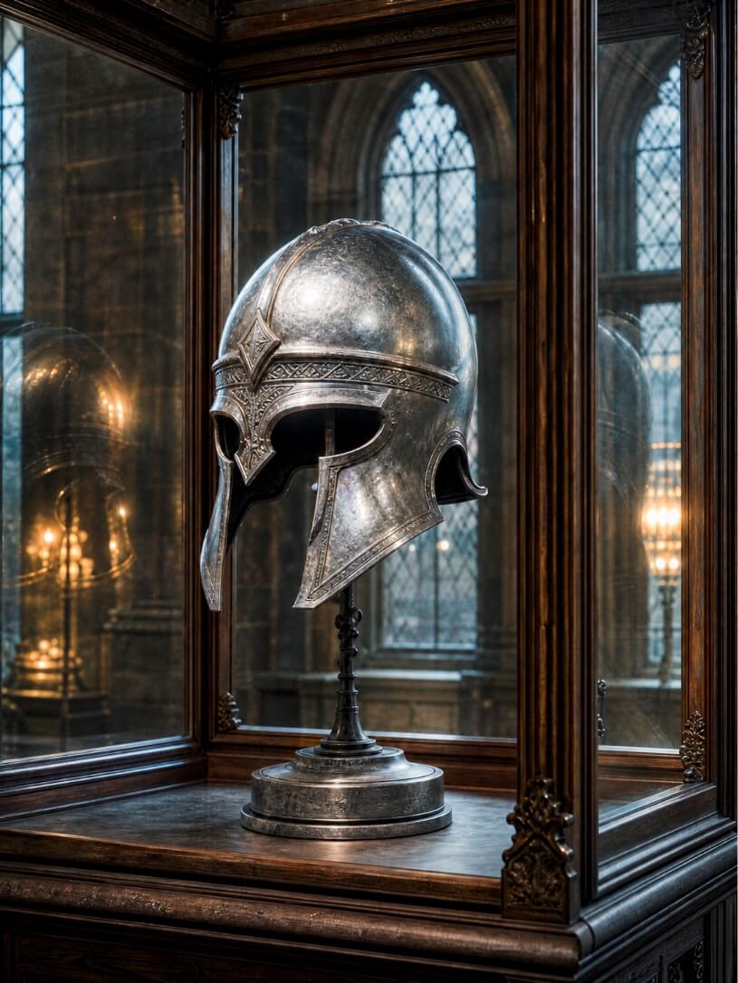 A silver, medieval-style helmet is displayed on a metal stand inside a dark wood and glass display case. The helmet features intricate engraved patterns around the brow and nasal guard, with pointed cheek guards and a smooth, rounded crown. It is positioned in the corner of the case, with its reflection visible in the glass panels on either side. In the background, large gothic-style arched windows are visible, and warm light from a chandelier or lamp glows softly, creating a scholarly or museum-like atmosphere.