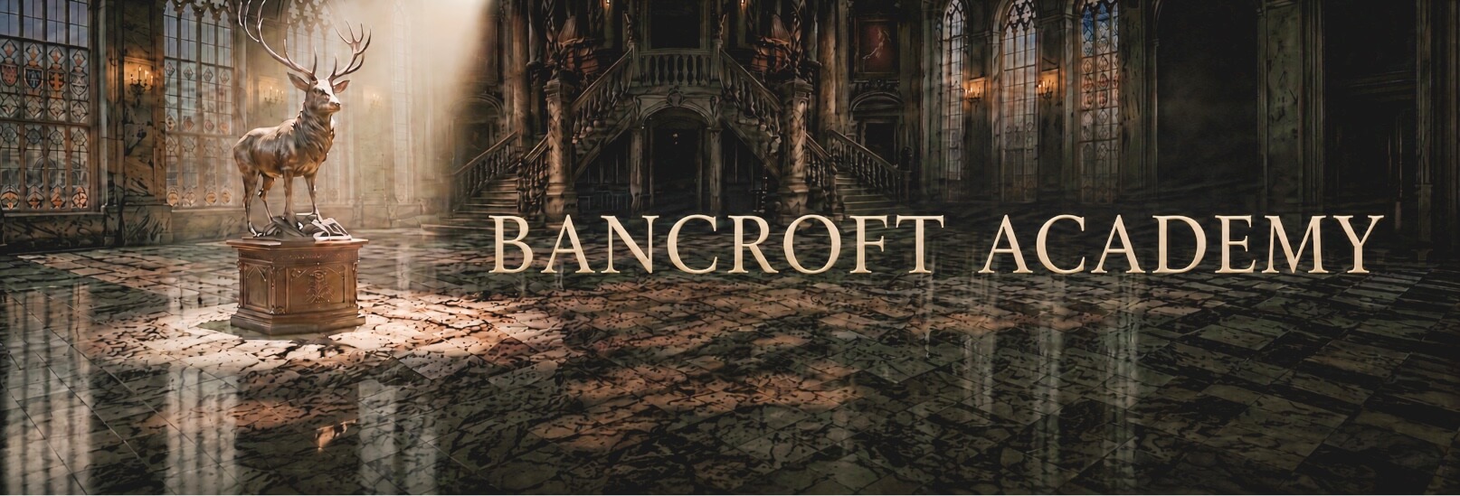 A wide, horizontal banner for Bancroft Academy depicts a grand, dimly lit interior hall with polished stone floors and large arched windows. In the left foreground, a majestic statue of a stag with large antlers stands atop a pedestal, illuminated by a dramatic beam of light from above. Behind the statue, a symmetrical grand staircase leads to an upper level, and the words "BANCROFT ACADEMY" are centered across the image in a gold, serif font.
