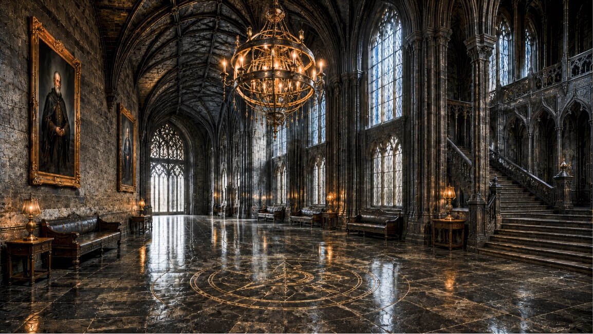 This image shows the grand, dark stone hall of a Gothic-style interior, featuring polished marble floors and high vaulted ceilings. A large, intricate golden chandelier hangs from the center of the room, casting light over a circular design embedded in the floor. Tall, arched stained-glass windows line one side of the hall, while the opposite stone wall is adorned with large framed portraits. Along the walls are dark wooden benches and small tables with glowing lamps, and a wide stone staircase with ornate railings leads to an upper level on the right.