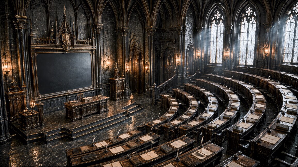 A grand, dark-toned lecture hall designed in an intricate Gothic architectural style features curved tiers of dark wood desks that sweep around a central stone dais. The room is illuminated by shafts of natural light streaming through high, arched windows on the right and by numerous small, warm lanterns mounted on the ornate stone walls. On the dais, a large, dark wooden desk holds several leather-bound books, situated in front of an expansive, ornate black chalkboard framed in detailed woodwork and topped with a decorative crest. Each student desk in the amphitheater-style seating is equipped with individual parchment papers, books, and quill pens, all set against a backdrop of towering pillars and vaulted ceilings.